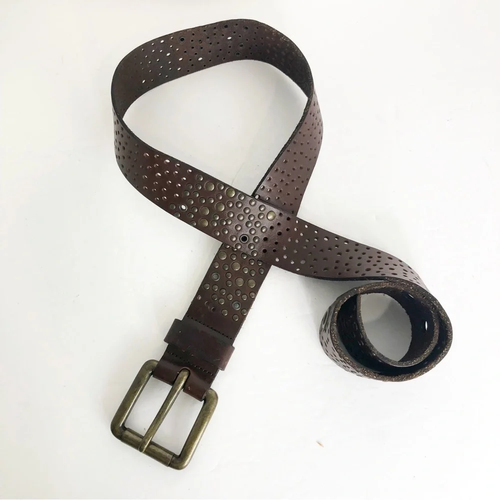 Brown leather, eyelet, studded, chunky hardware belt